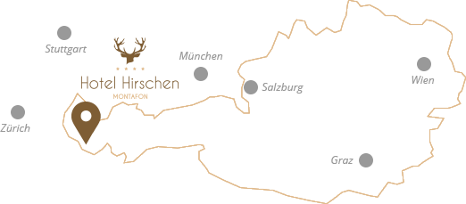 Karte mit dem Hotel Hirschen in Montafon nebst Großstädten